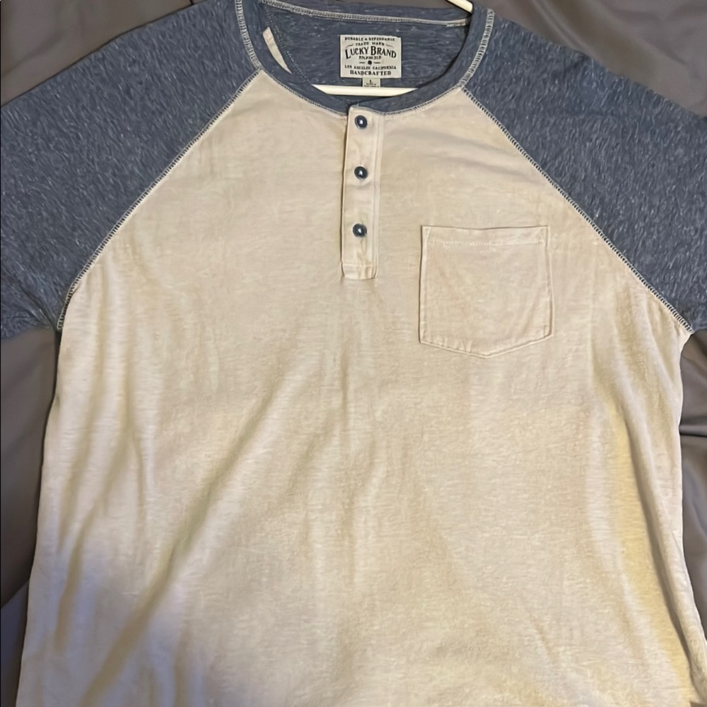 Lucky Brand Men's Blue and Cream Henley Shirt